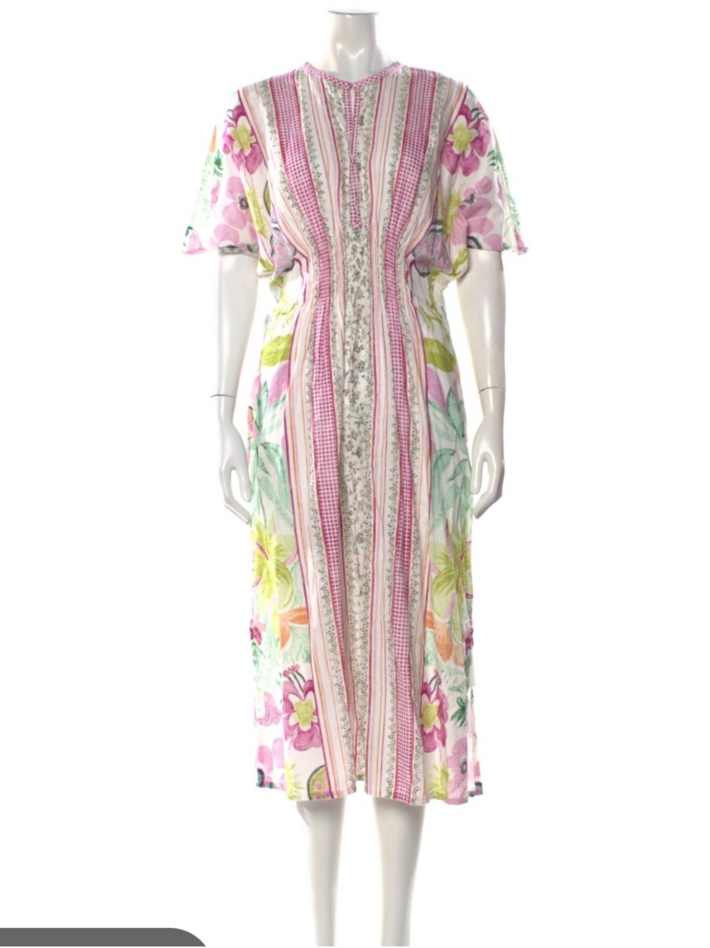 Floral Stripe Pink Midi Dress with Short Sleeves and pockets 100% cotton